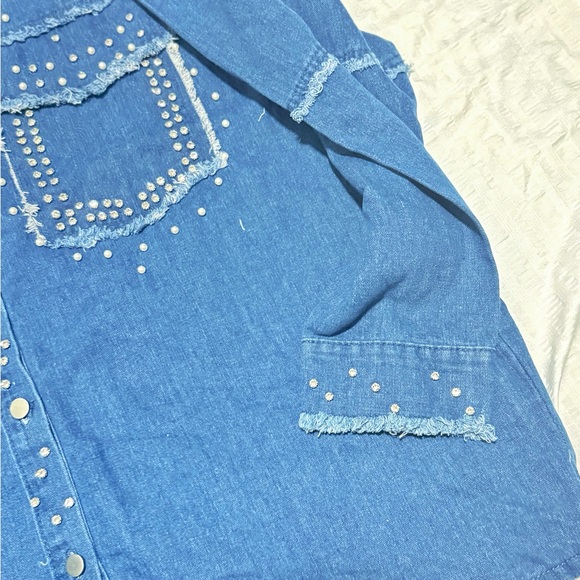 Rhinestone Studded Denim Shirt Jacket 3XL Western Fringe Raw Hem - Picture 6 of 8